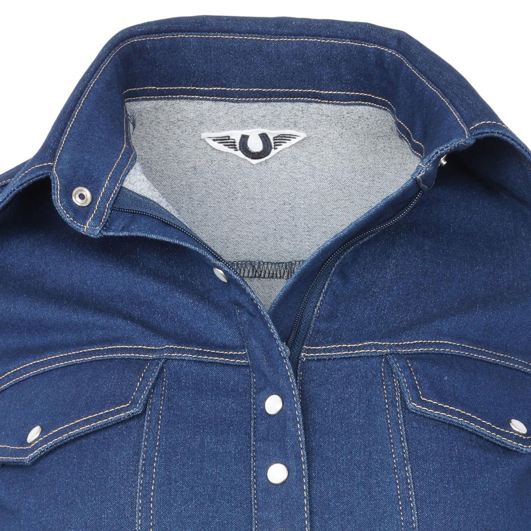TuffRider Cody Ladies Western Denim Shirt with Covered Zip Closure and Decorative Pearl Snaps