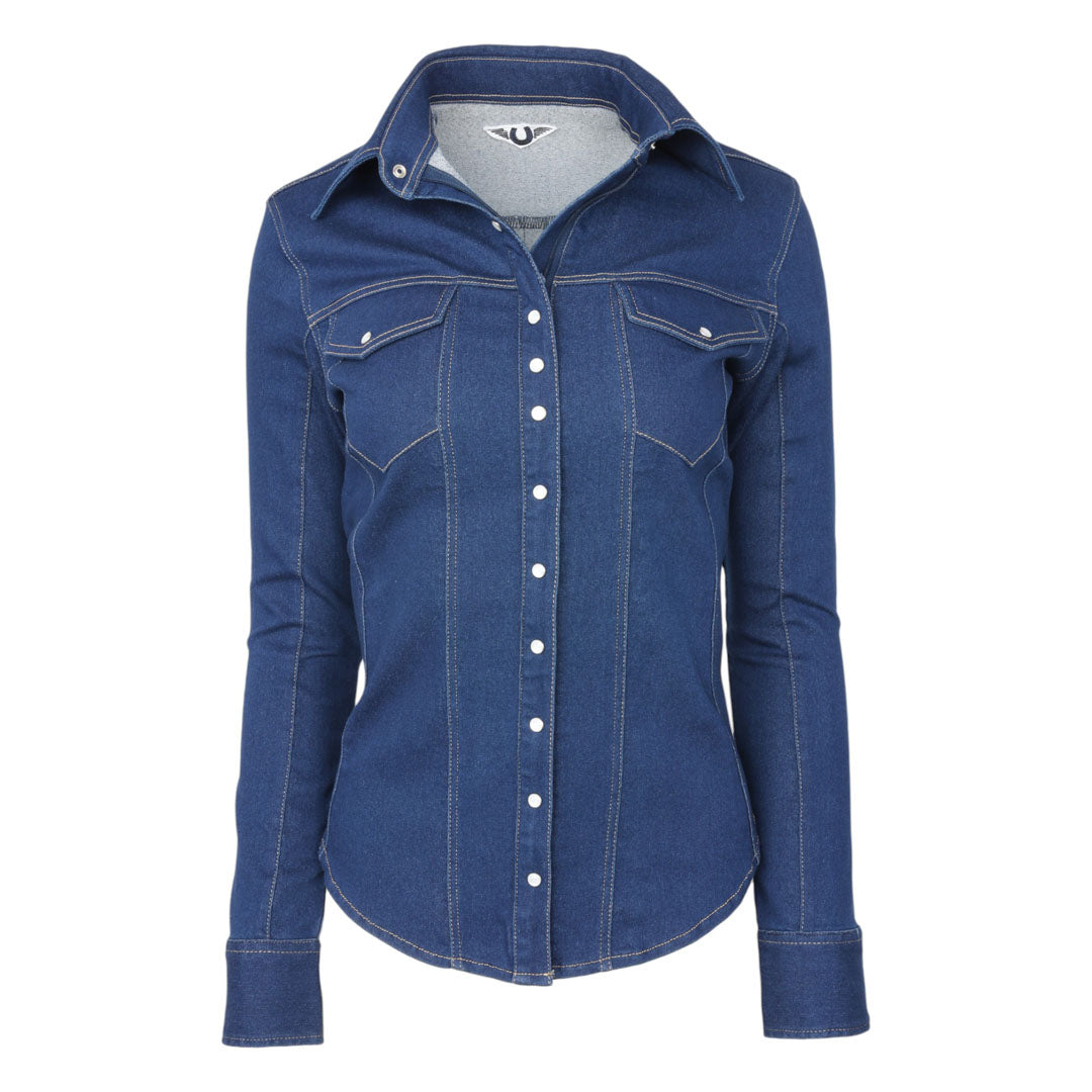 TuffRider Cody Ladies Western Denim Shirt with Covered Zip Closure and Decorative Pearl Snaps