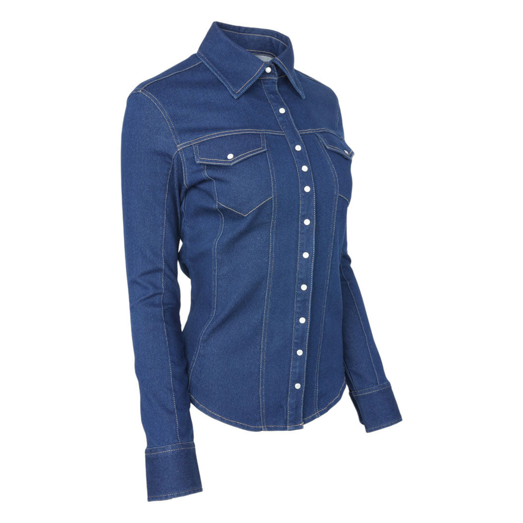 TuffRider Cody Ladies Western Denim Shirt with Covered Zip Closure and Decorative Pearl Snaps