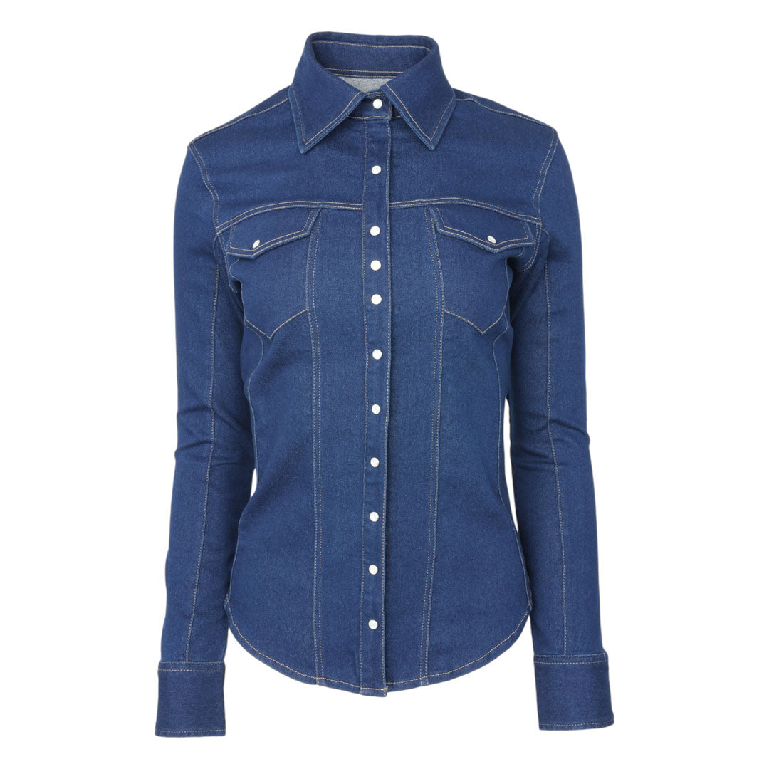 TuffRider Cody Ladies Western Denim Shirt with Covered Zip Closure and Decorative Pearl Snaps