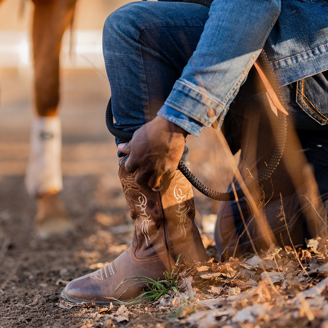 TuffRider Men's Lamar Leather Contrast Stitched Wide Square Toe Western Boots