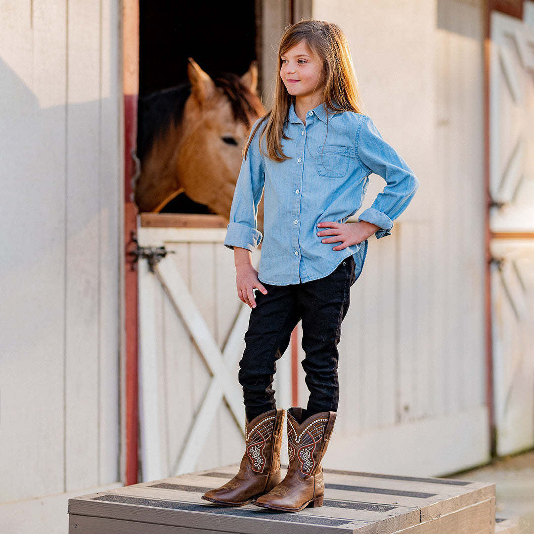 TuffRider Youth Yukon Tricolor Leather Embroidered Square Toe Western Boots